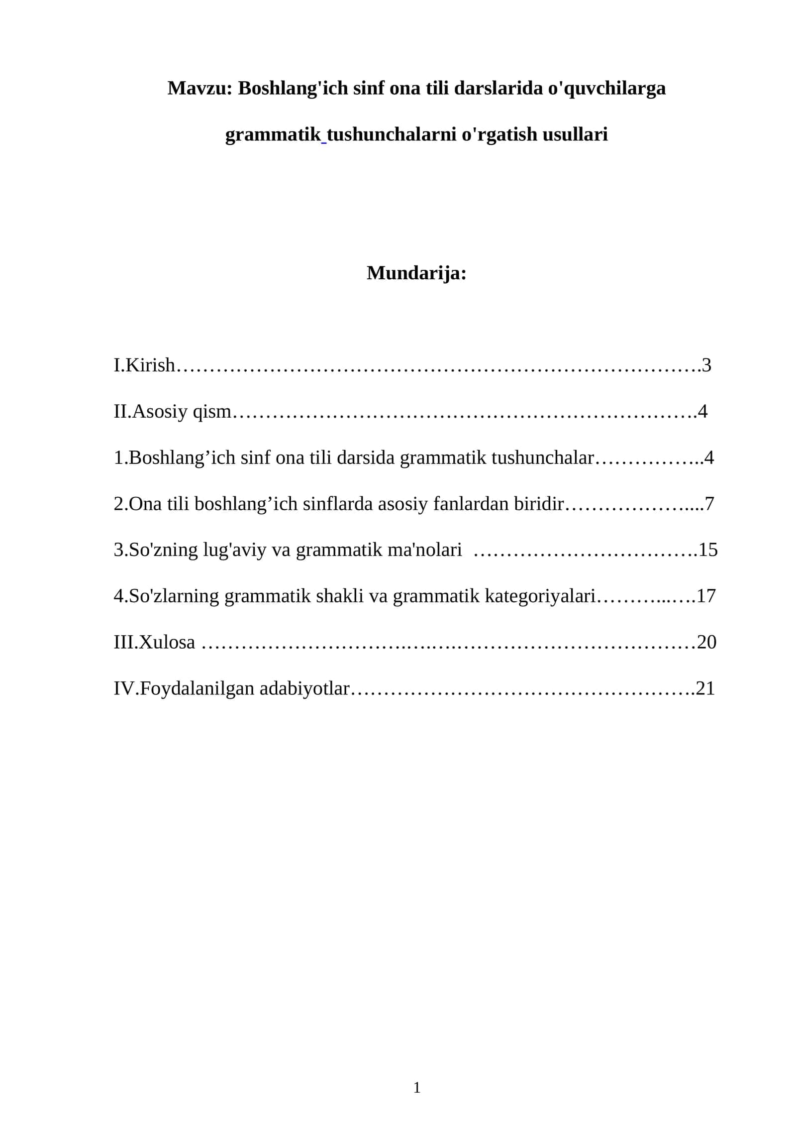 Boshlang'ich sinf ona tili darslarida o'quvchilarga grammatiktushunchalarni o'rgatish usullari