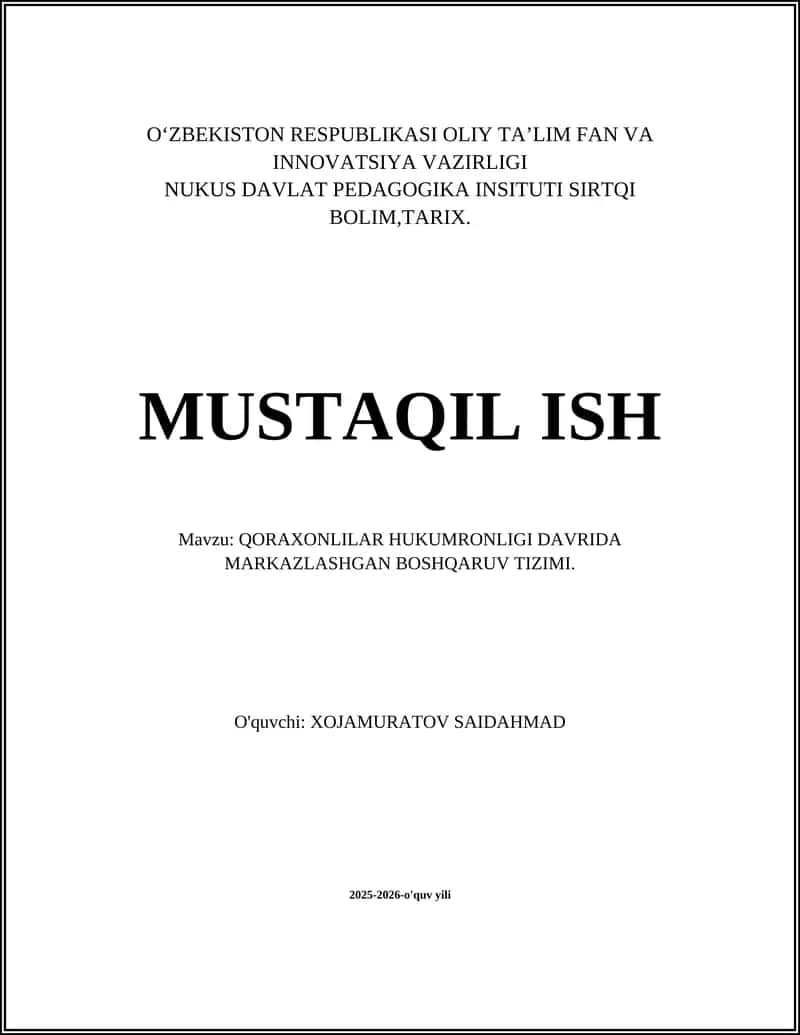 QORAXONLILAR HUKUMRONLIGI DAVRIDA MARKAZLASHGAN BOSHQARUV TIZIMI