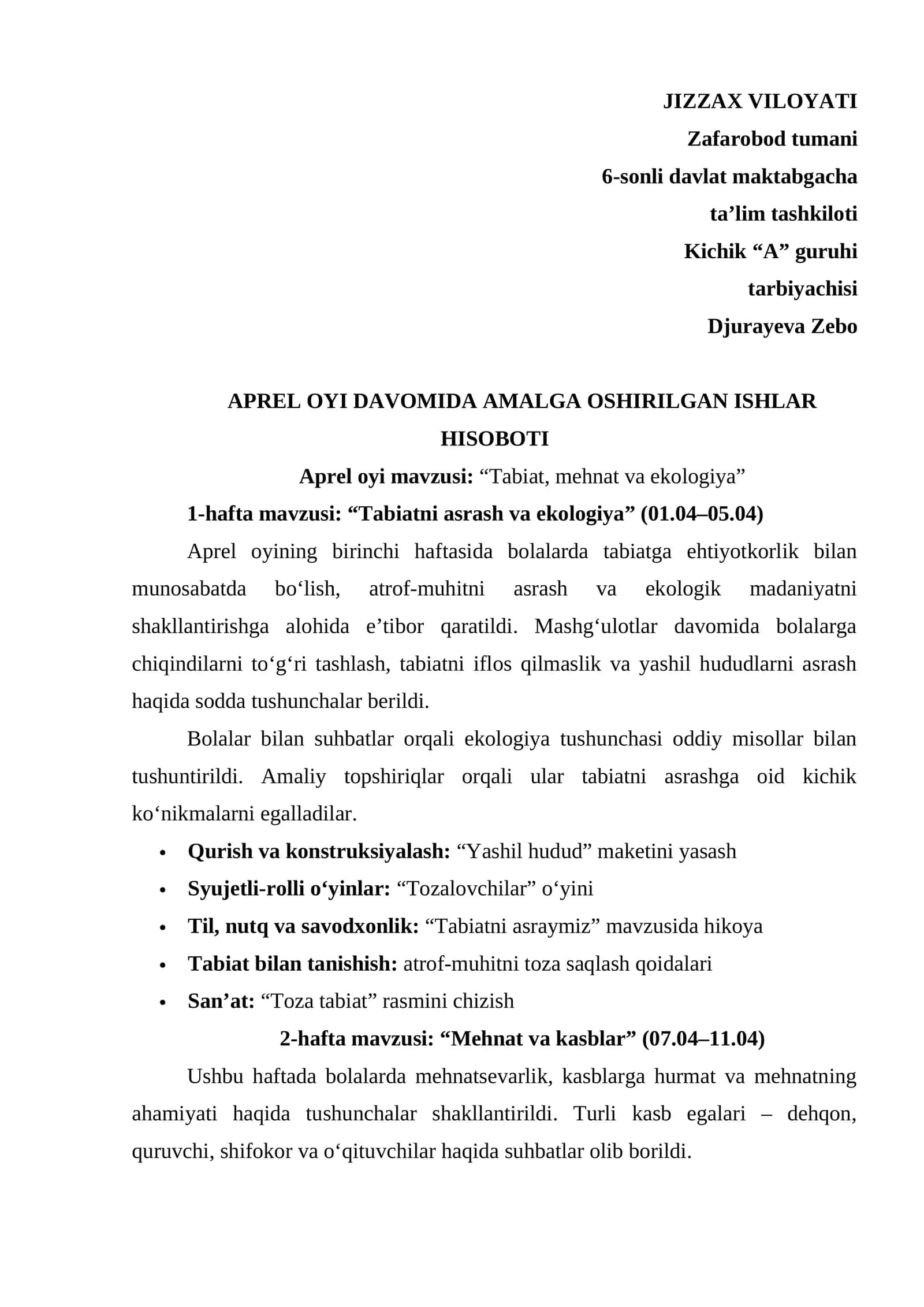 Maktabgacha ta'lim tarbiyachsi Aprel hisoboti