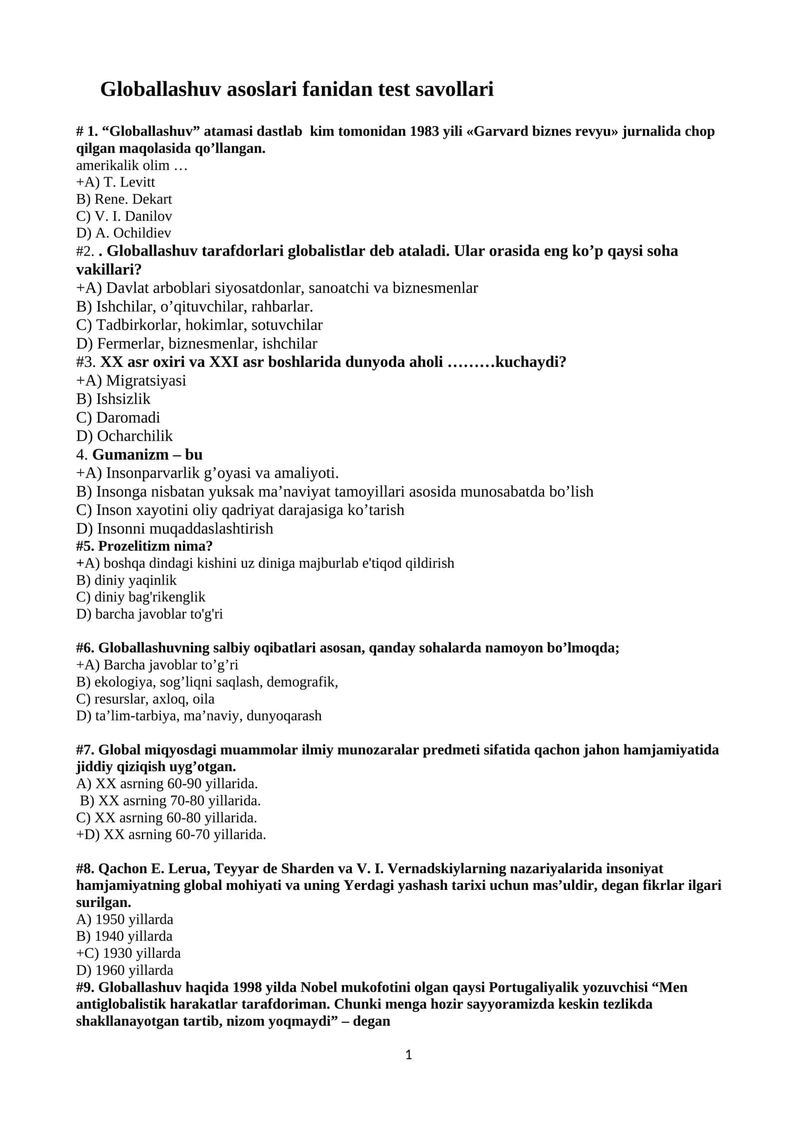 Globallashuv asoslari fanidan test savollari
