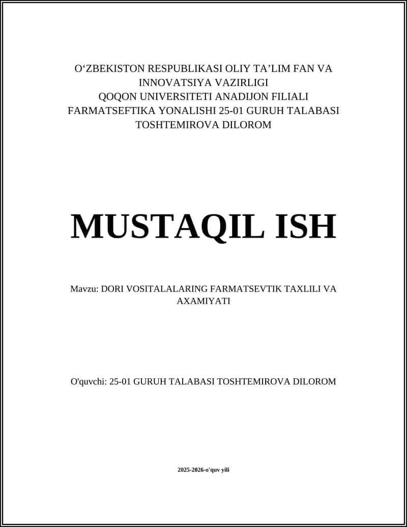 Dori vositalarning farmatsevtik tahlilining asosiy printsiplari va metodlari