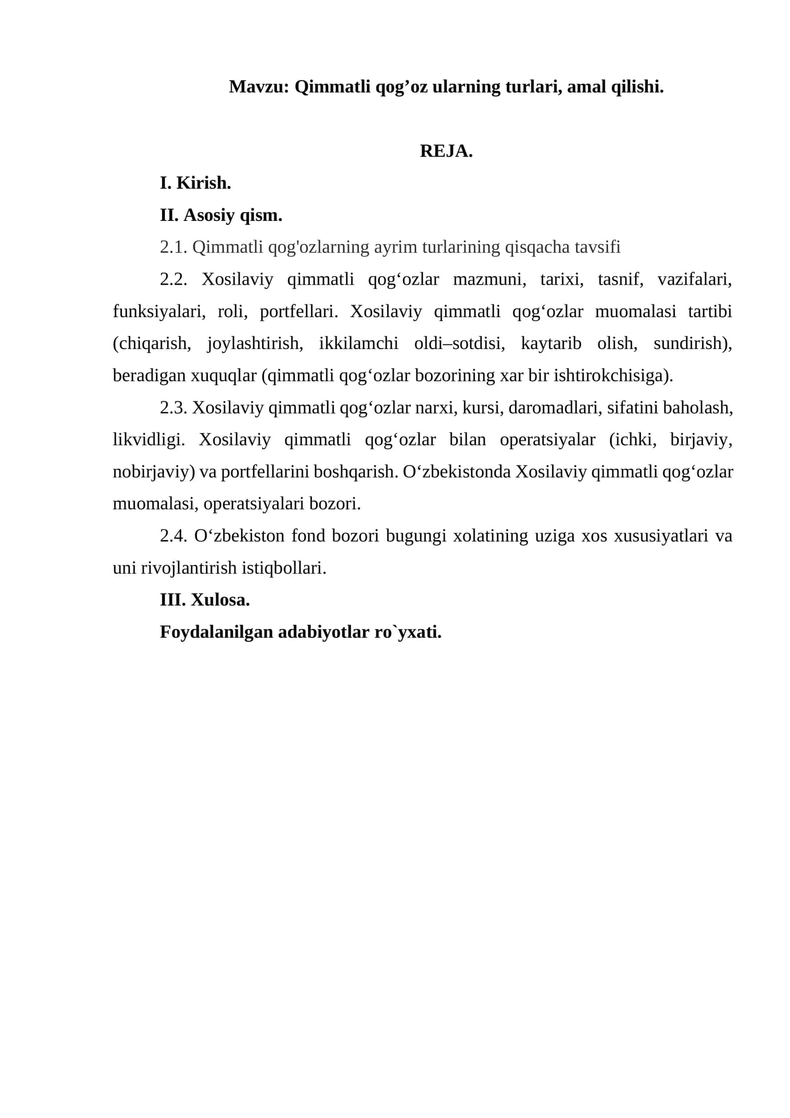 Qimmatli qog’oz ularning turlari, amal qilishi