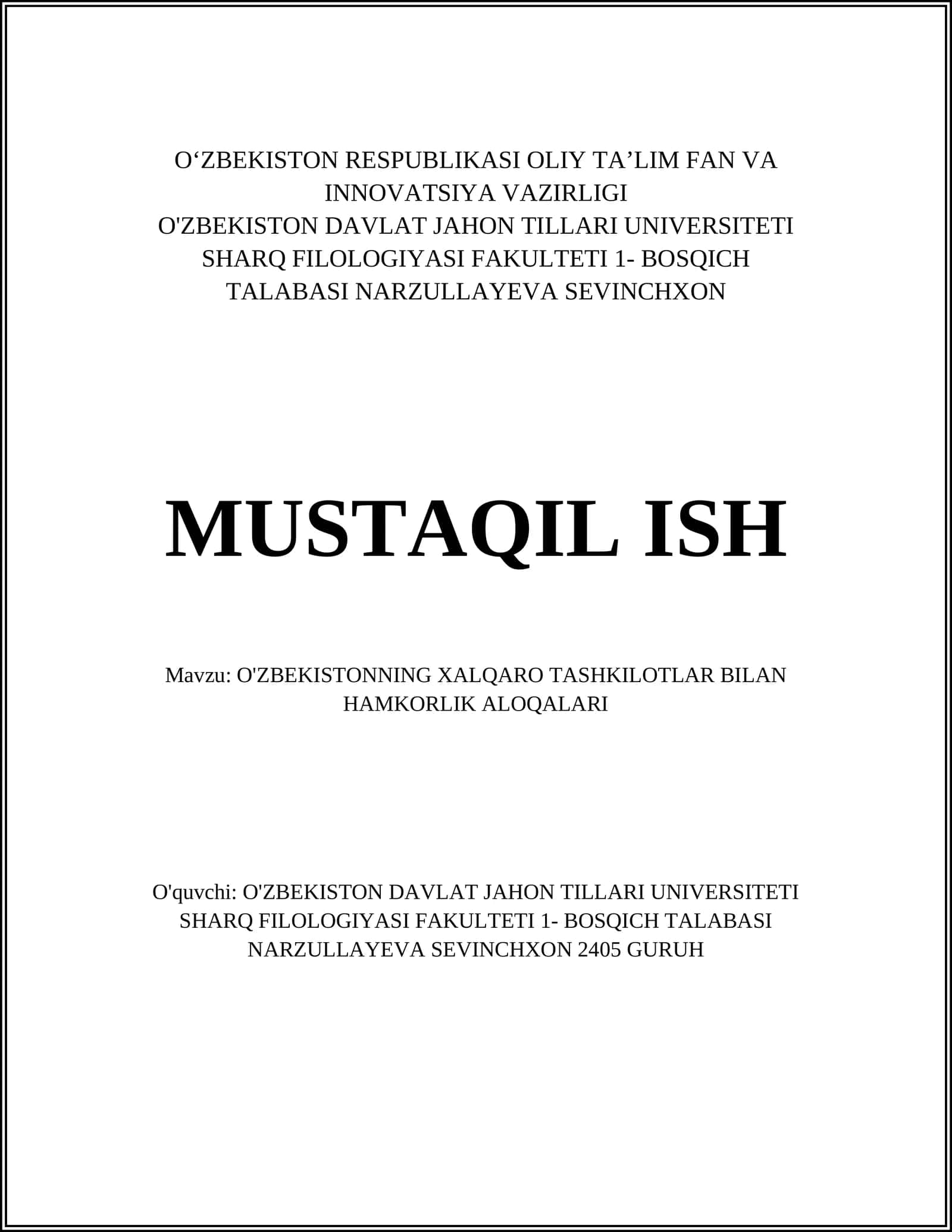 O'zbekistonning Xalqaro Tashkilotlar Bilan Hamkorlik Aloqalari