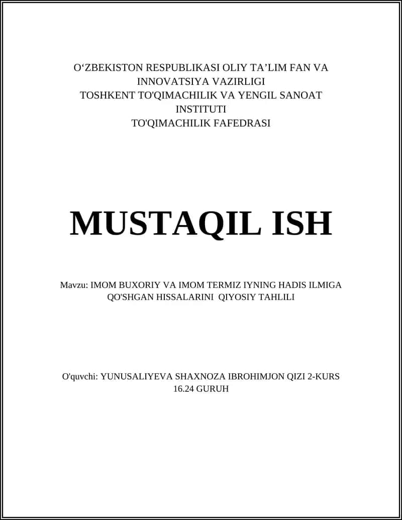 IMOM BUXORIY VA IMOM TERMIZ IYNING HADIS ILMIGA QO'SHGAN HISSALARINI QIYOSIY TAHLILI