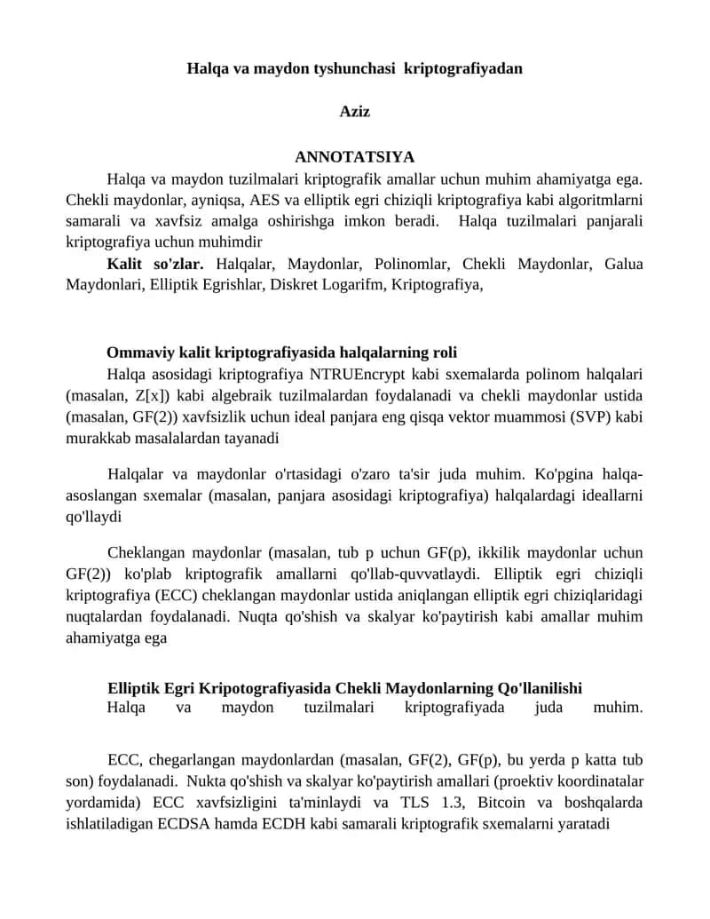 Halqa va Maydon Tyshunchasi Kriptografiyadan