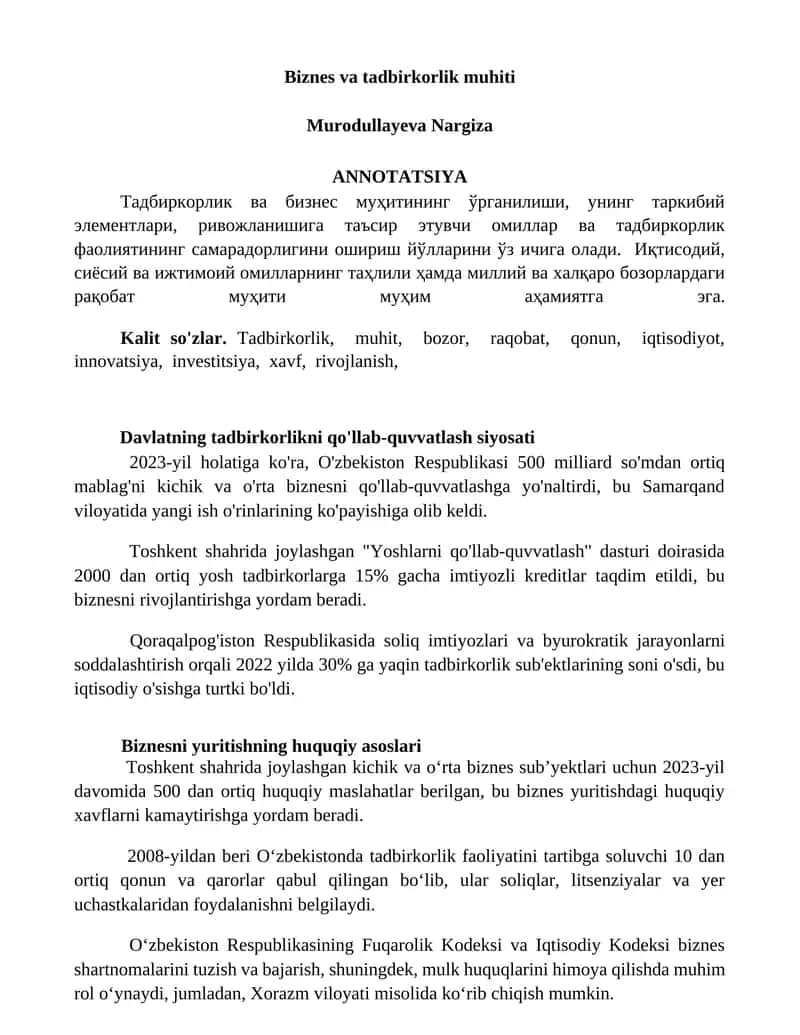 Biznes va tadbirkorlik muhiti
