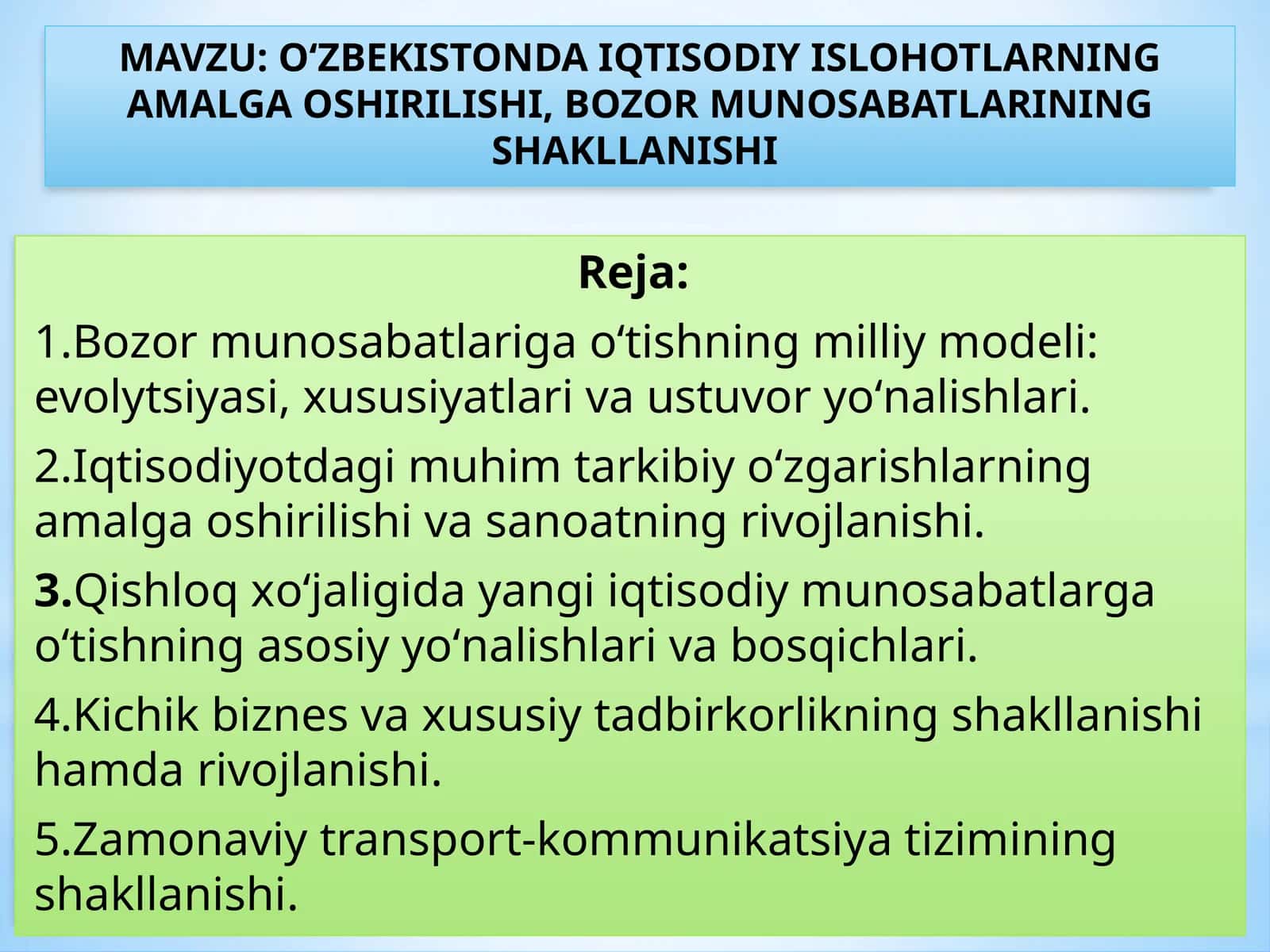 О‘ZBEKISTONDA IQTISODIY ISLOHOTLARNING AMALGA OSHIRILISHI, BOZOR MUNOSABATLARINING SHAKLLANISHI