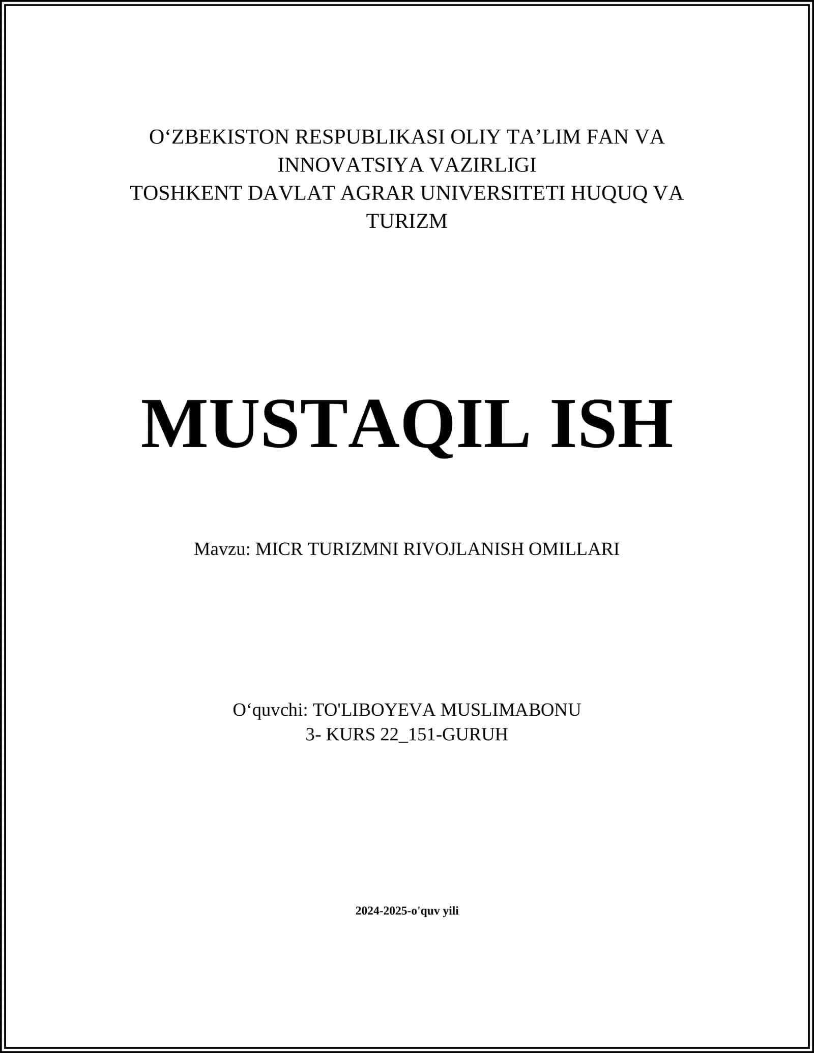 MICR TURIZMNI RIVOJLANISH OMILLARI