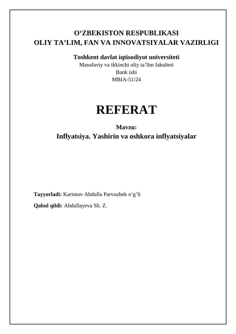 Inflyatsiya. Yashirin va oshkora inflyatsiyalar
