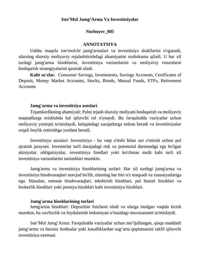 IsteʼMol JamgʻArma Va Investitsiyalar