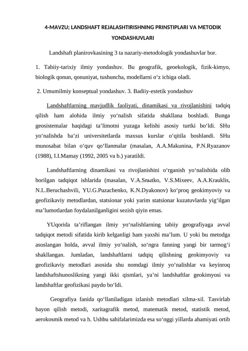 LANDSHAFT REJALASHTIRISHNING PRINSTIPLARI VA METODIK YONDASHUVLARI
