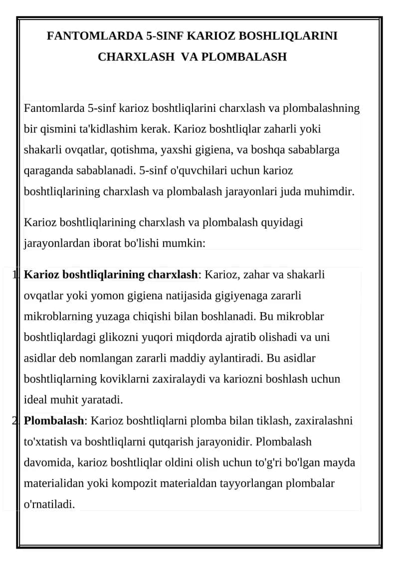 Fantomlarda 5-sinf karioz boshtliqlarini charxlash va plombalash