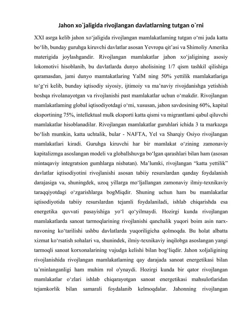 Jahon xo`jaligida rivojlangan davlatlarning tutgan o`rni