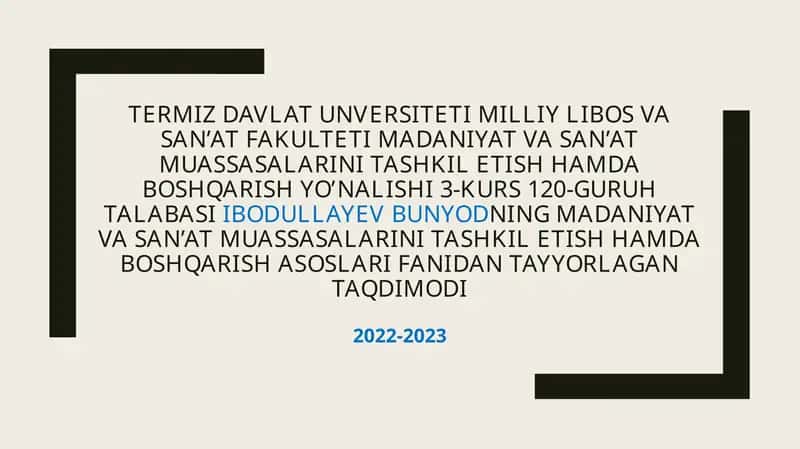 Taqdimotlar: O’zbekiston Respublikasi Madaniyat vazirligi markaziy apparati tuzilmasi hamda tashkiliy-huquqiy shakllari