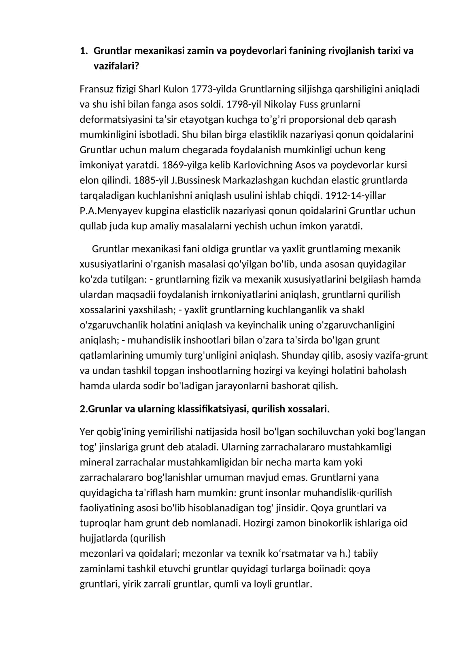 Gruntlar mexanikasi zamin va poydevorlari fanining rivojlanish tarixi va vazifalari