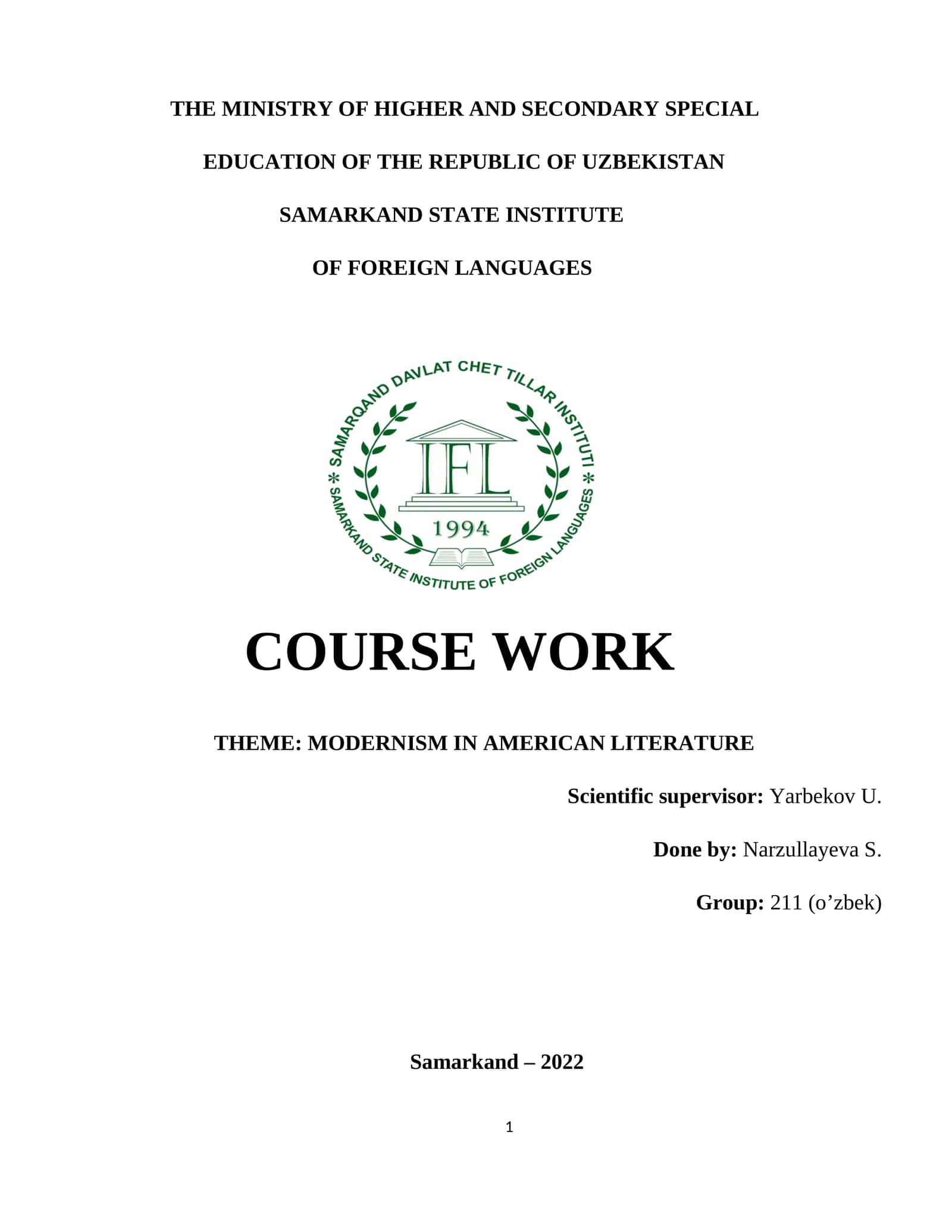 MODERNISM IN AMERICAN LITERATURE