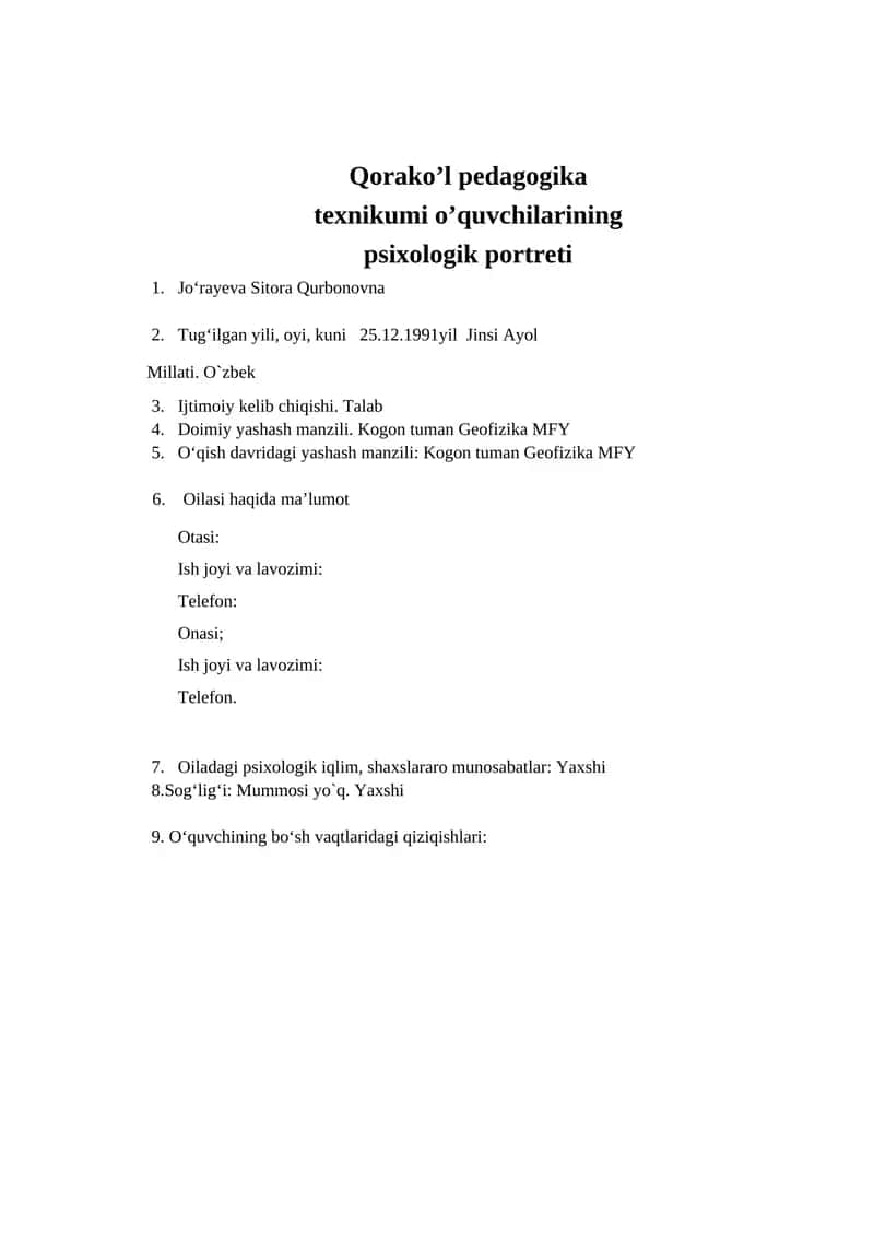 Qorako’l pedagogika texnikumi o’quvchilarining psixologik portreti