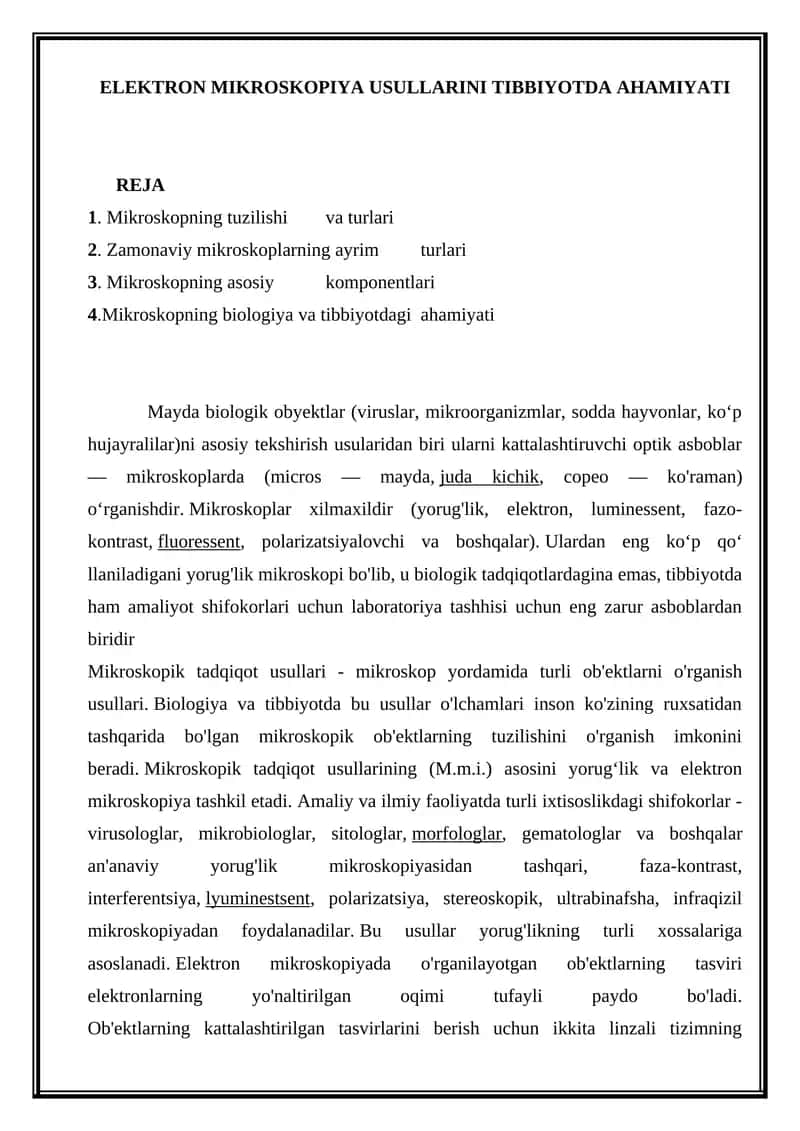 ELEKTRON MIKROSKOPIYA USULLARINI TIBBIYOTDA AHAMIYATI