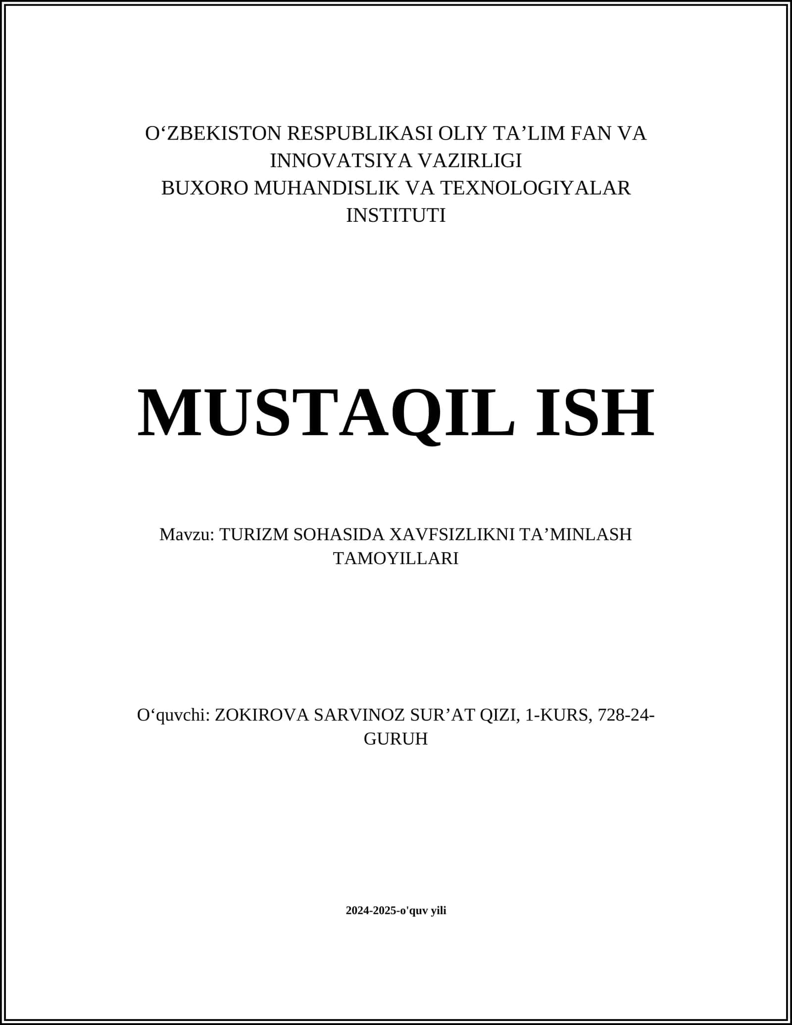 Turizm sohasida xavfsizlikni ta’minlashning huquqiy asoslari