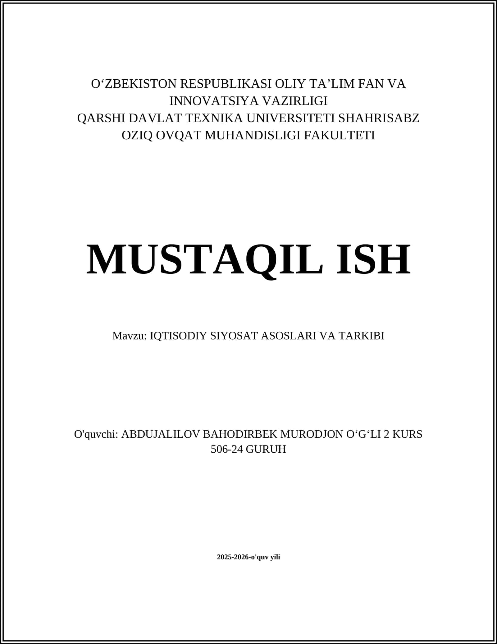 IQTISODIY SIYOSAT ASOSLARI VA TARKIBI