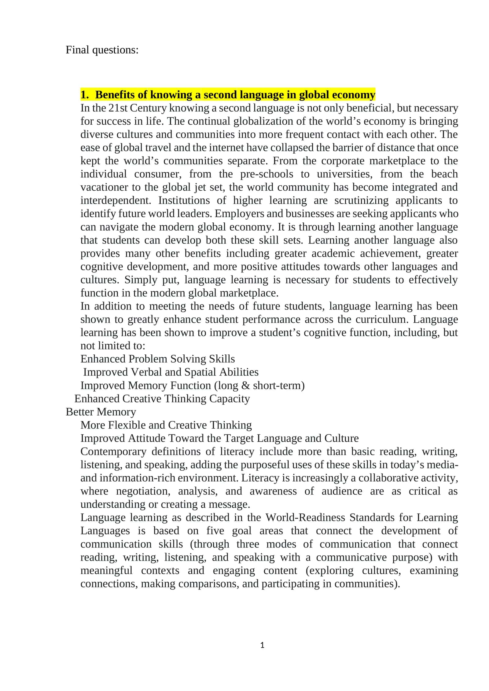 Benefits of knowing a second language in global economy