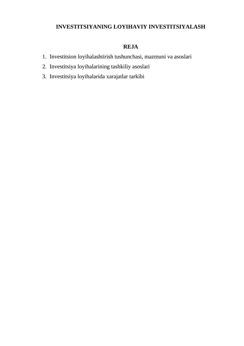 Investitsiyaning loyihaviy investitsiyalash