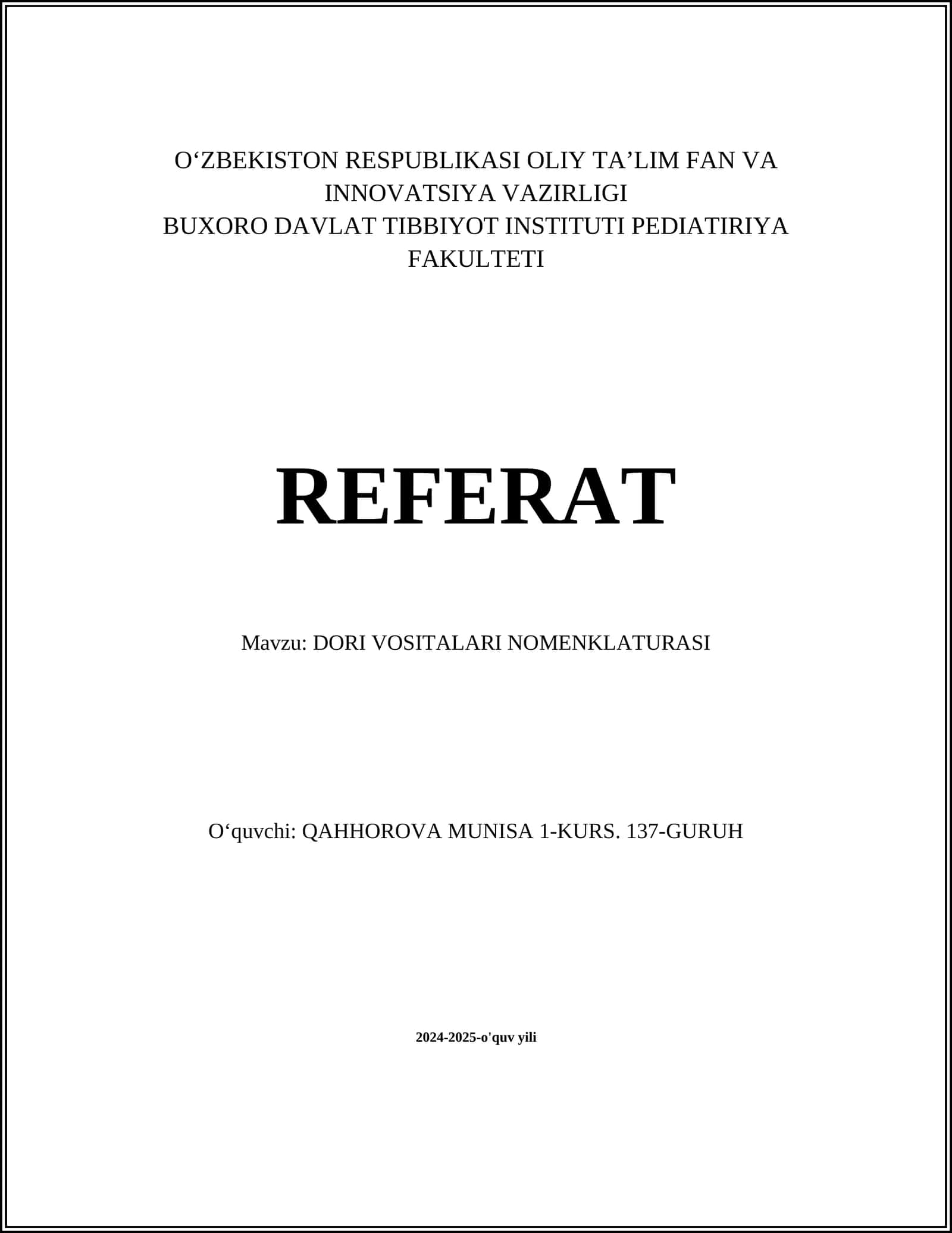 DORI VOSITALARI NOMENKLATURASI