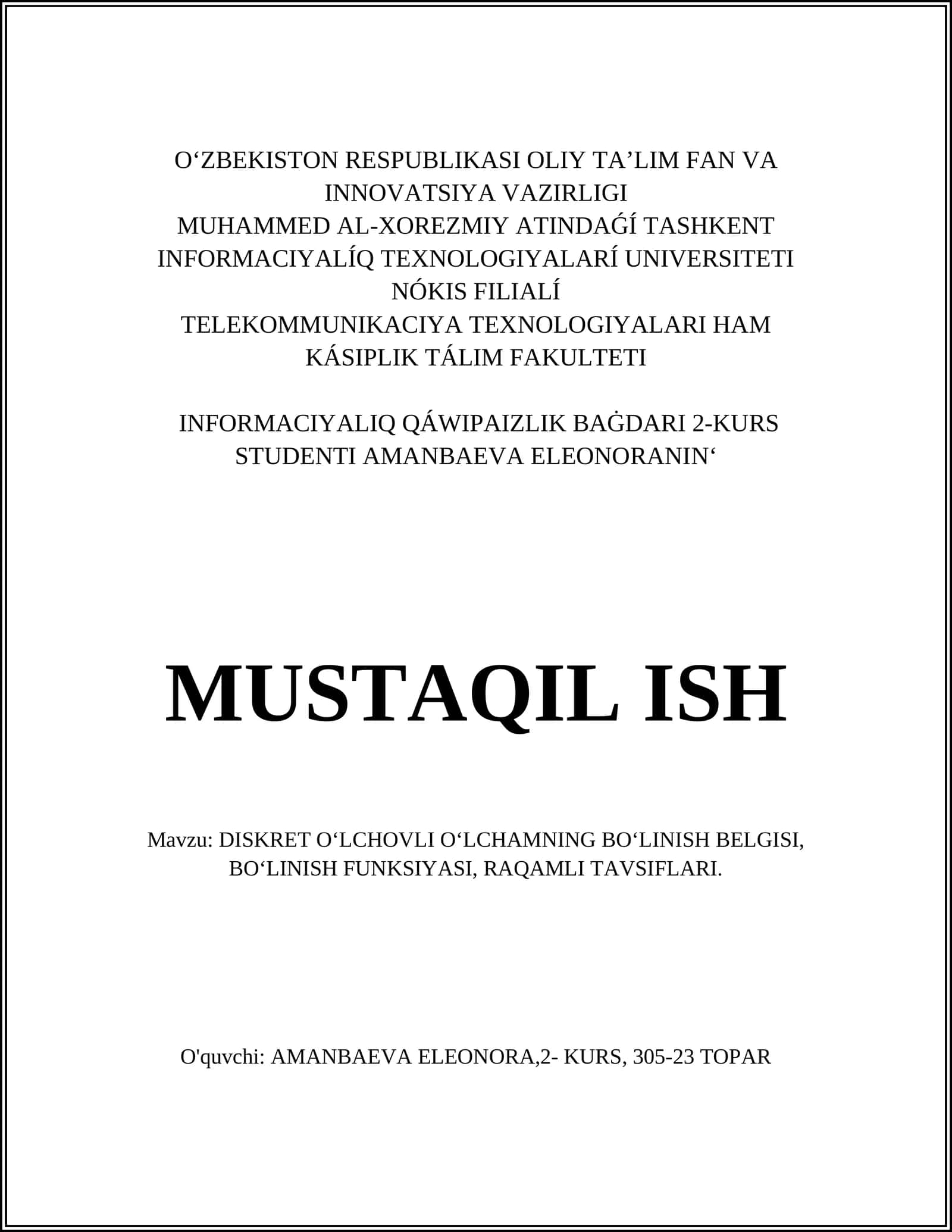 DISKRET OʻLCHOVLI OʻLCHAMNING BOʻLINISH BELGISI, BOʻLINISH FUNKSIYASI, RAQAMLI TAVSIFLARI
