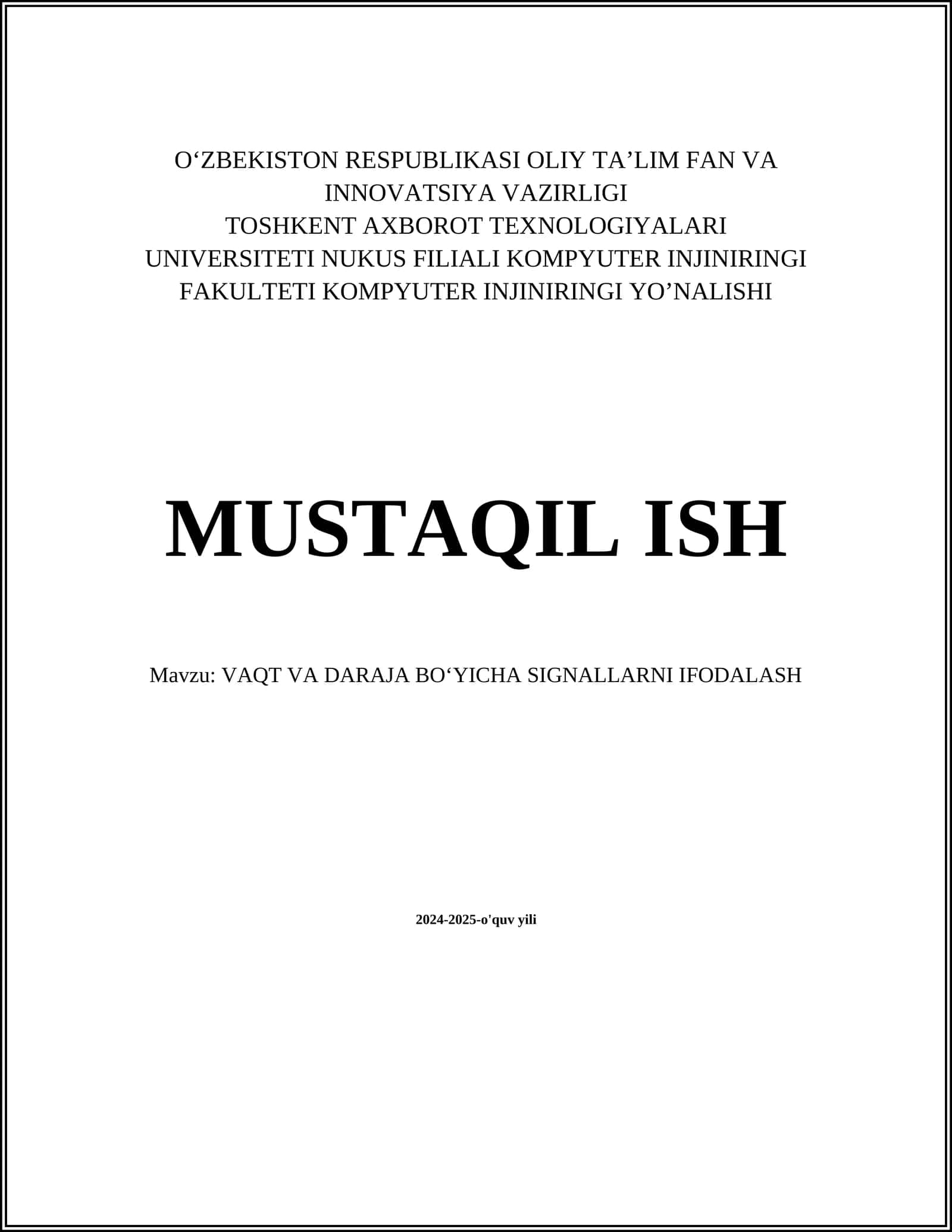 VAQT VA DARAJA BO‘YICHA SIGNALLARNI IFODALASH