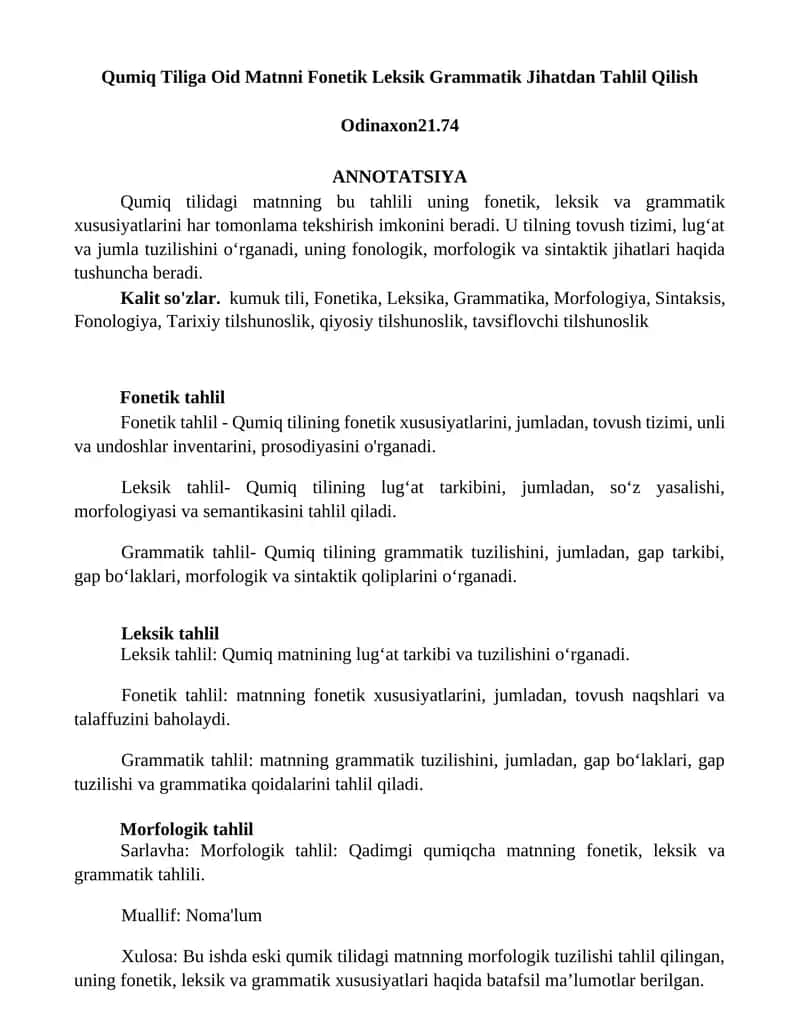 Qumiq Tiliga Oid Matnni Fonetik Leksik Grammatik Jihatdan Tahlil Qilish