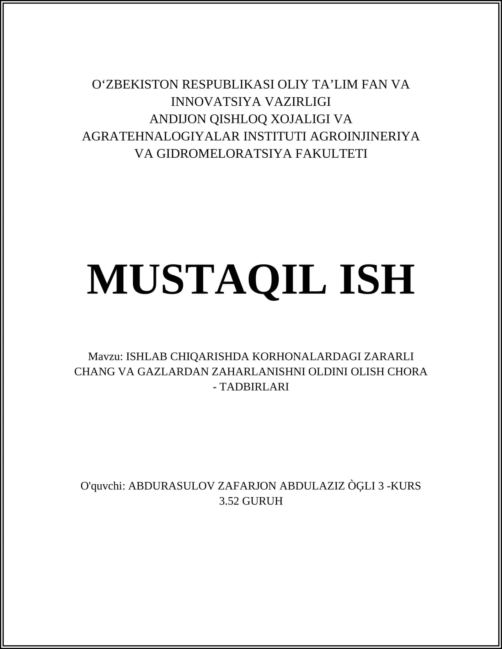 ISHLAB CHIQARISHDA KORHONALARDAGI ZARARLI CHANG VA GAZLARDAN ZAHARLANISHNI OLDINI OLISH CHORA - TADBIRLARI