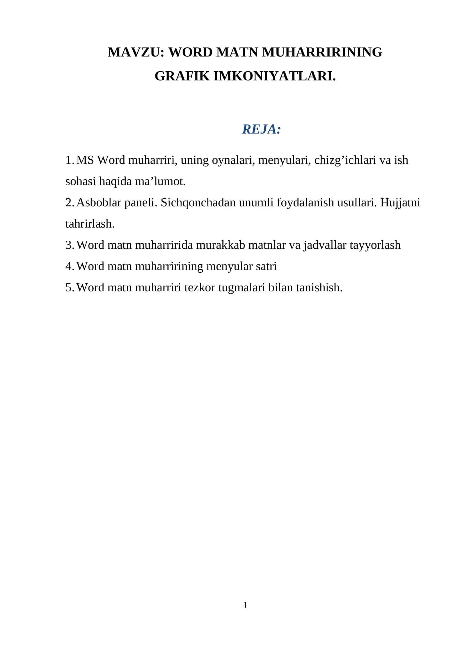 WORD MATN MUHARRIRINING GRAFIK IMKONIYATLARI