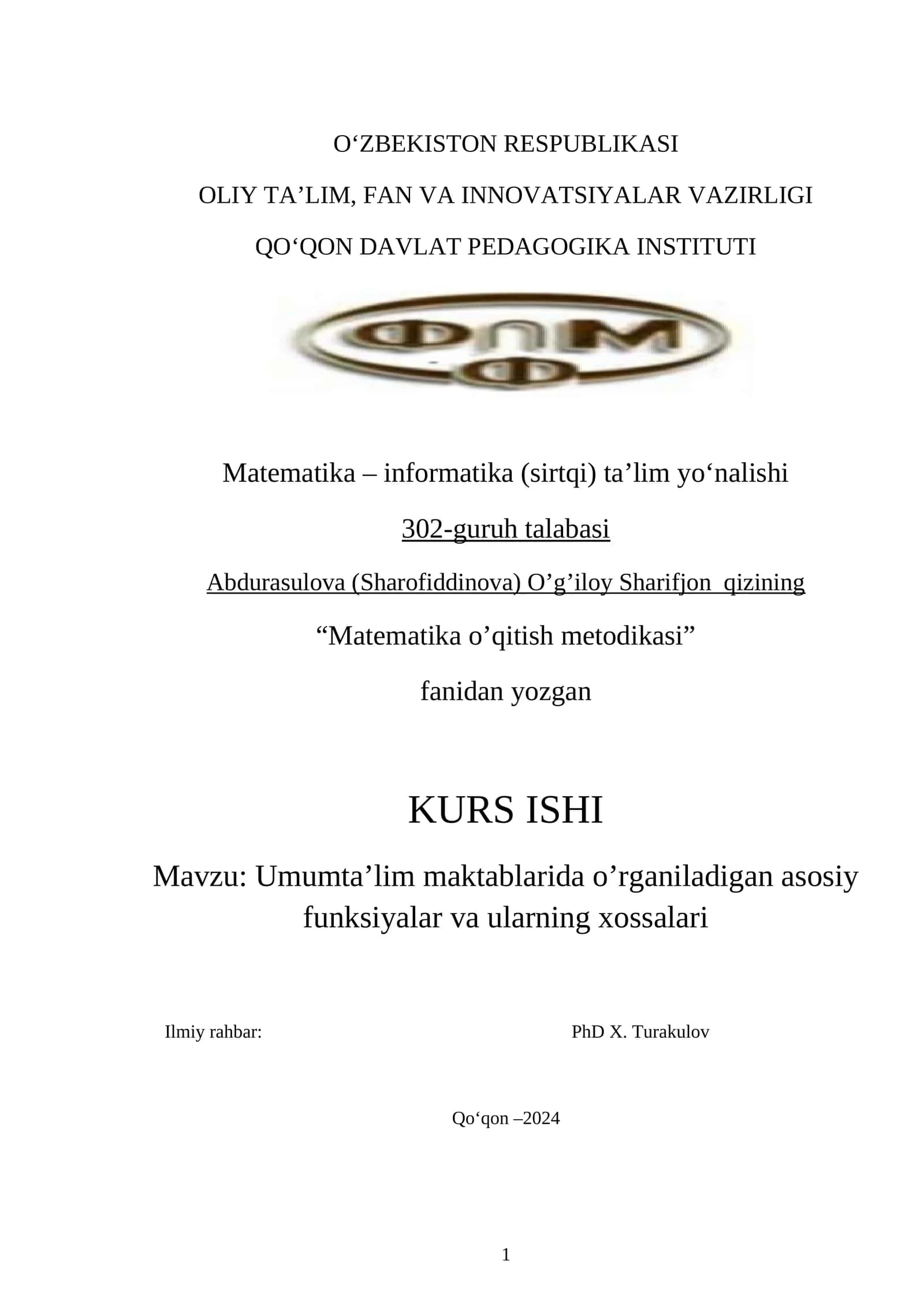 Umum ta’lim maktablarida o’rganiladigan asosiy funksiyalar va ularning xossalari
