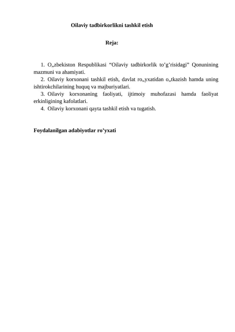 Oilaviy tadbirkorlikni tashkil etish