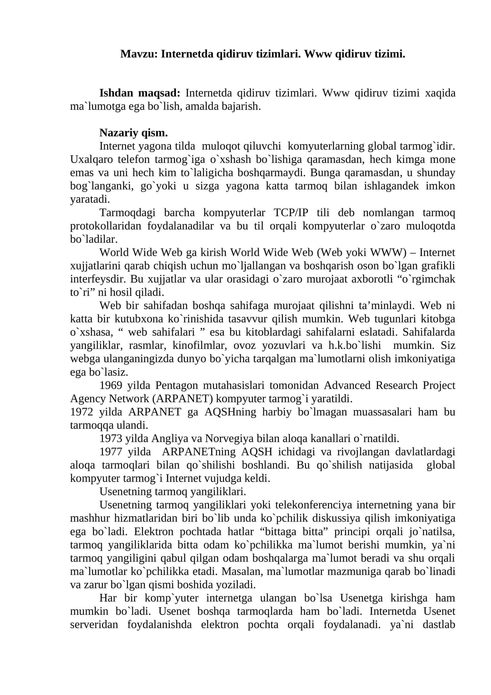 Internetda qidiruv tizimlari. Www qidiruv tizimi