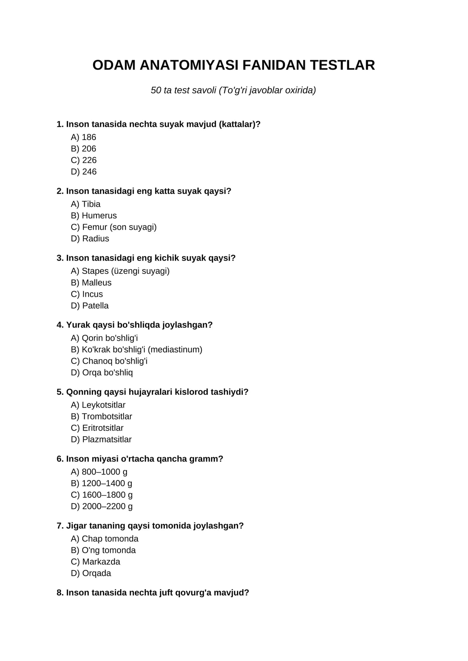 ODAM ANATOMIYASI FANIDAN TESTLAR