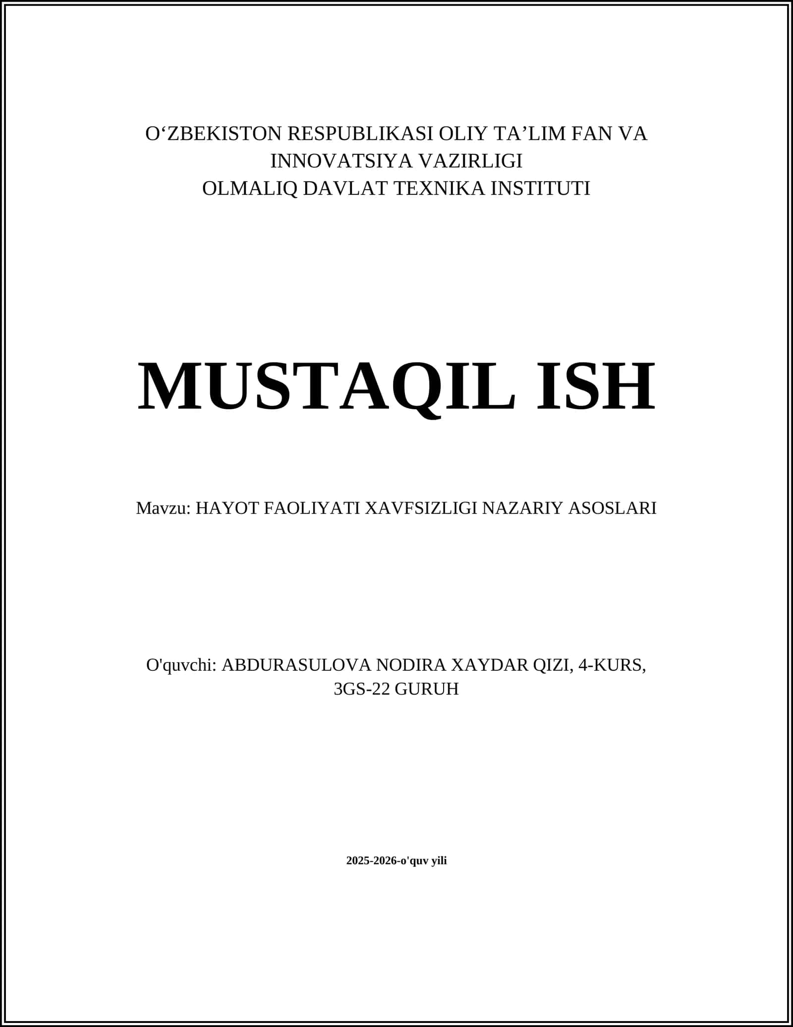 HAYOT FAOLIYATI XAVFSIZLIGI NAZARIY ASOSLARI