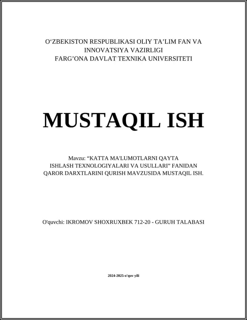 KATTA MA'LUMOTLARNI QAYTA ISHLASH TEXNOLOGIYALARI VA USULLARI