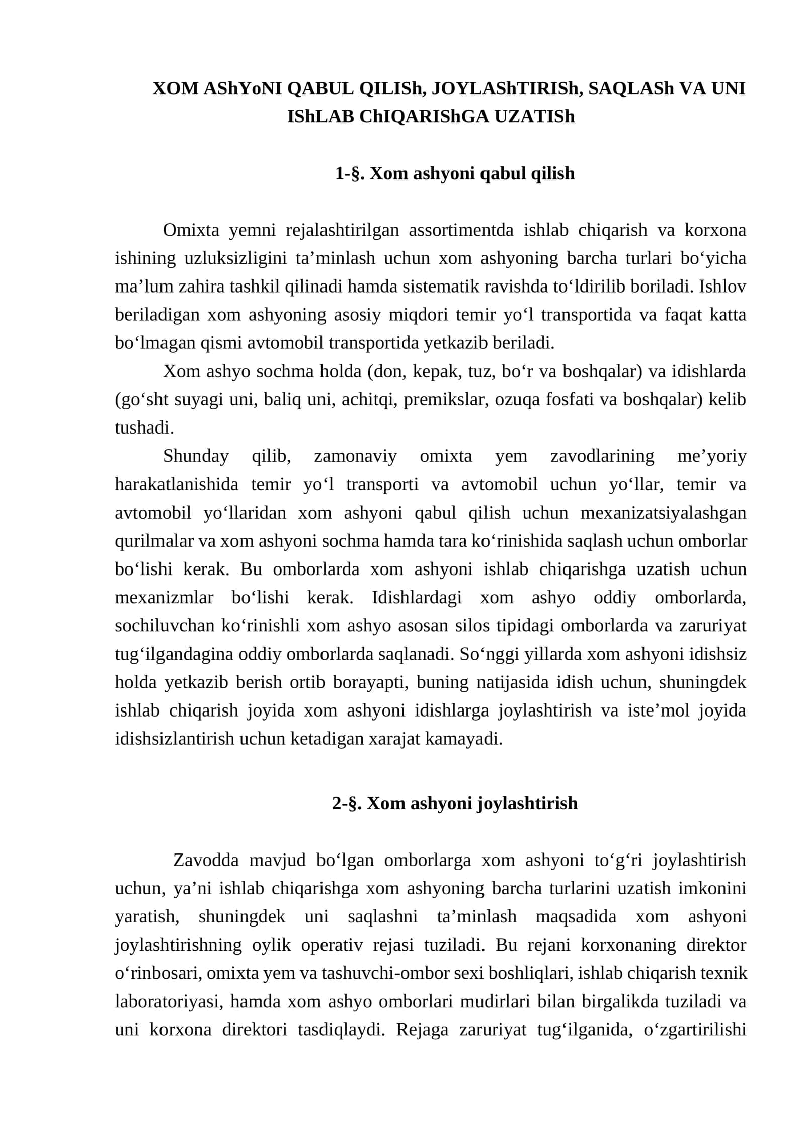 XOM AShYoNI QABUL QILISh, JOYLAShTIRISh, SAQLASh VA UNI IShLAB ChIQARIShGA UZATISh