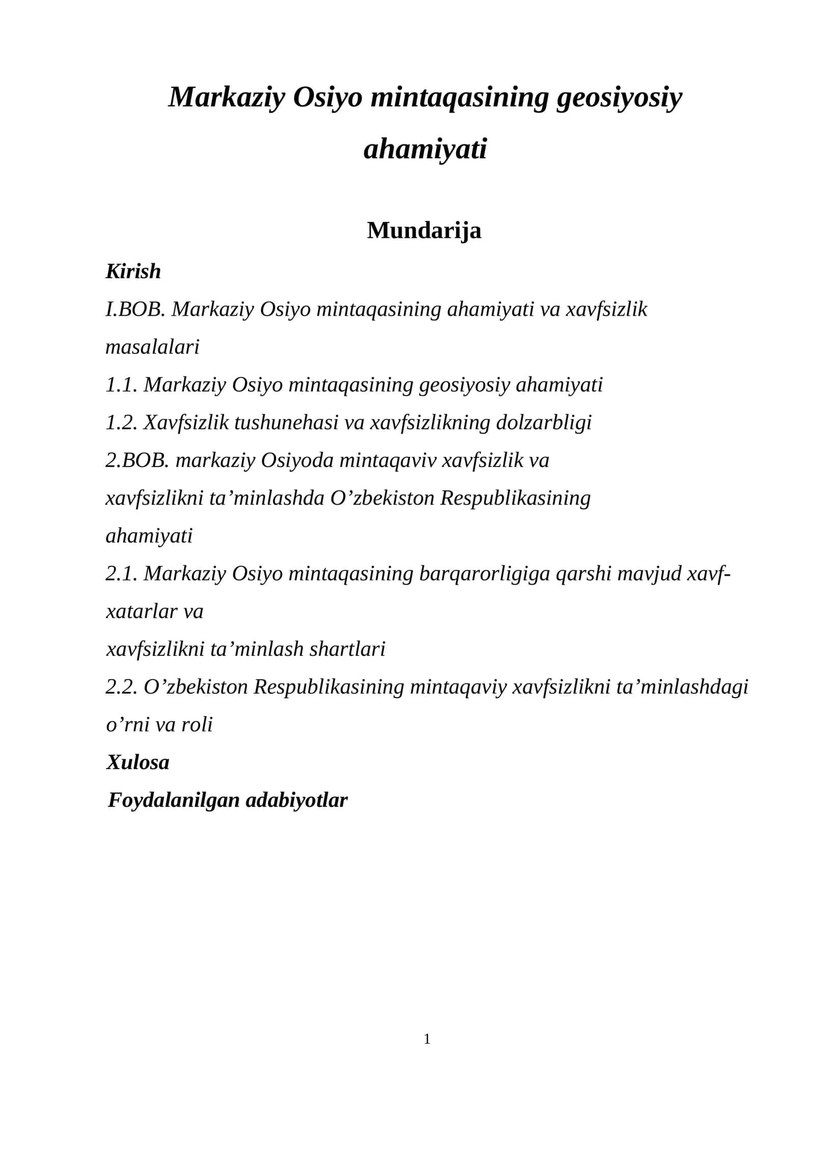Markaziy Osiyo mintaqasining geosiyosiy ahamiyati