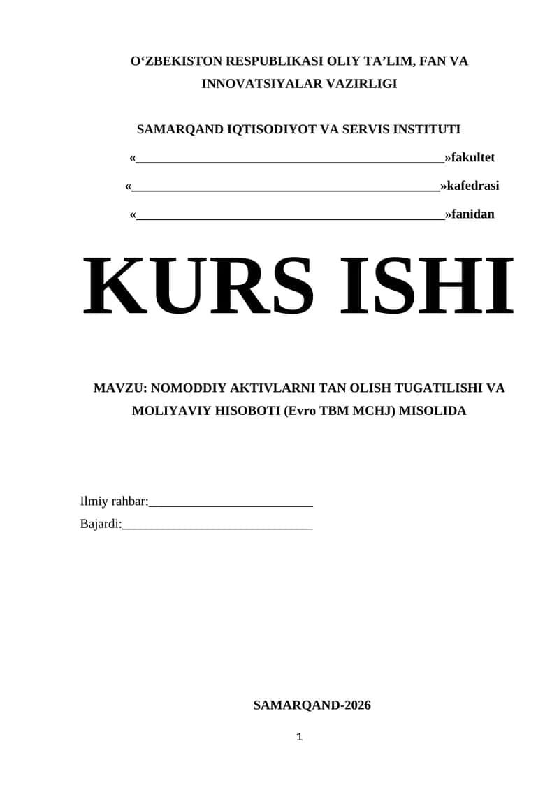 NOMODDIY AKTIVLARNI TAN OLISH TUGATILISHI VA MOLIYAVIY HISOBOTI (Evro TBM MCHJ) MISOLIDA