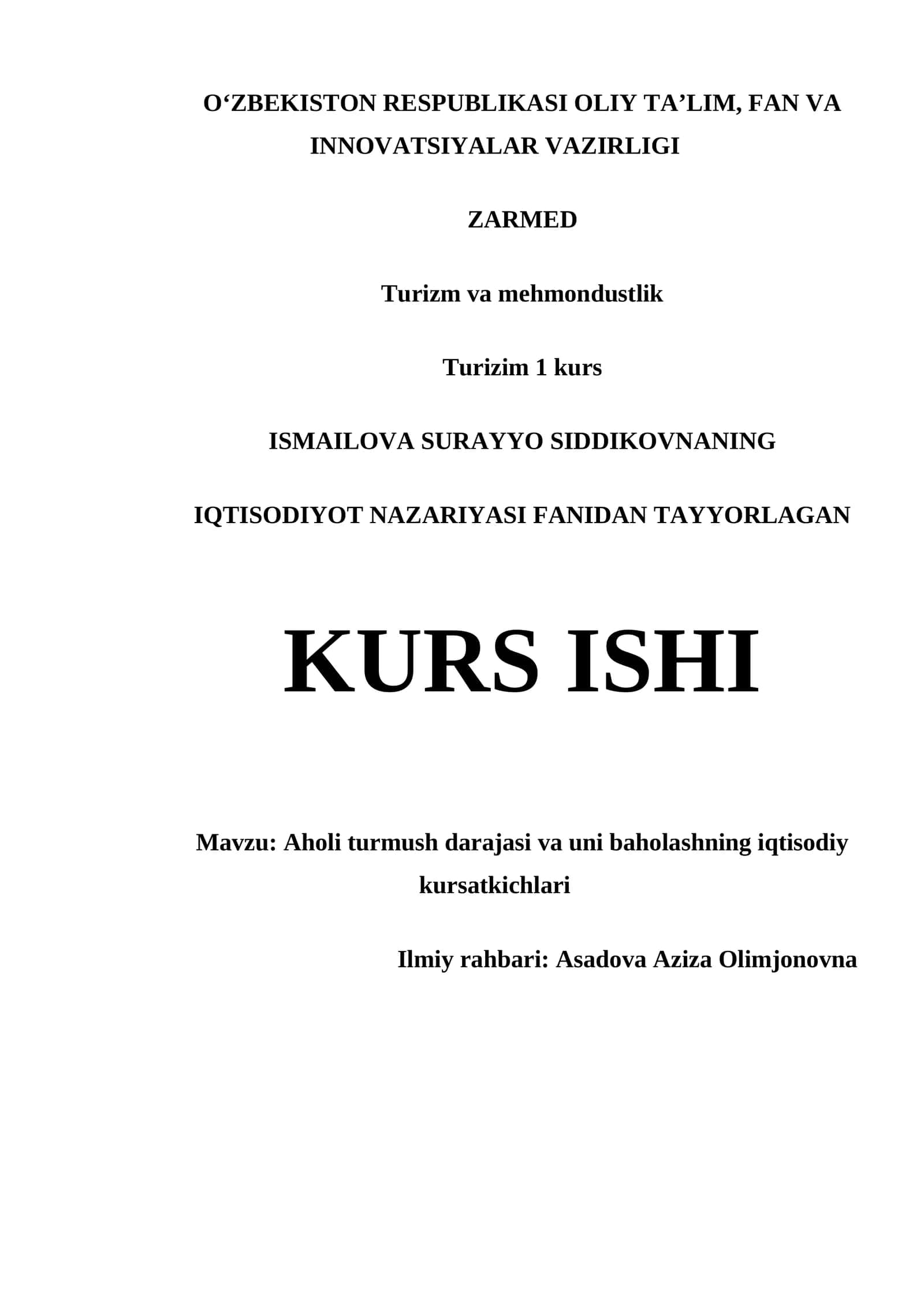 Aholi turmush darajasi va uni baholashning iqtisodiy kursatkichlari