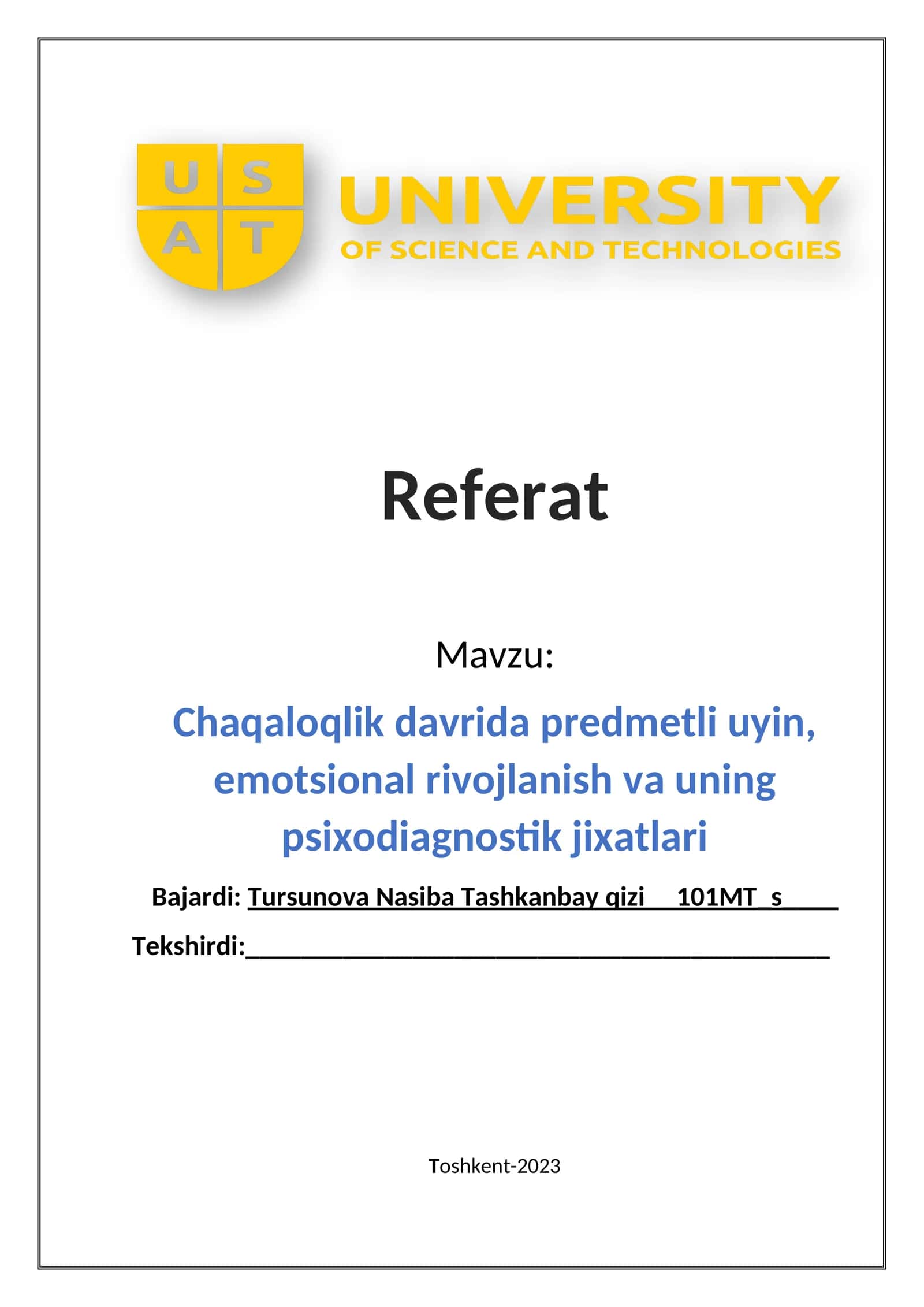 Chaqaloqlik davrida predmetli uyin, emotsional rivojlanish va uning psixodiagnostik jixatlari
