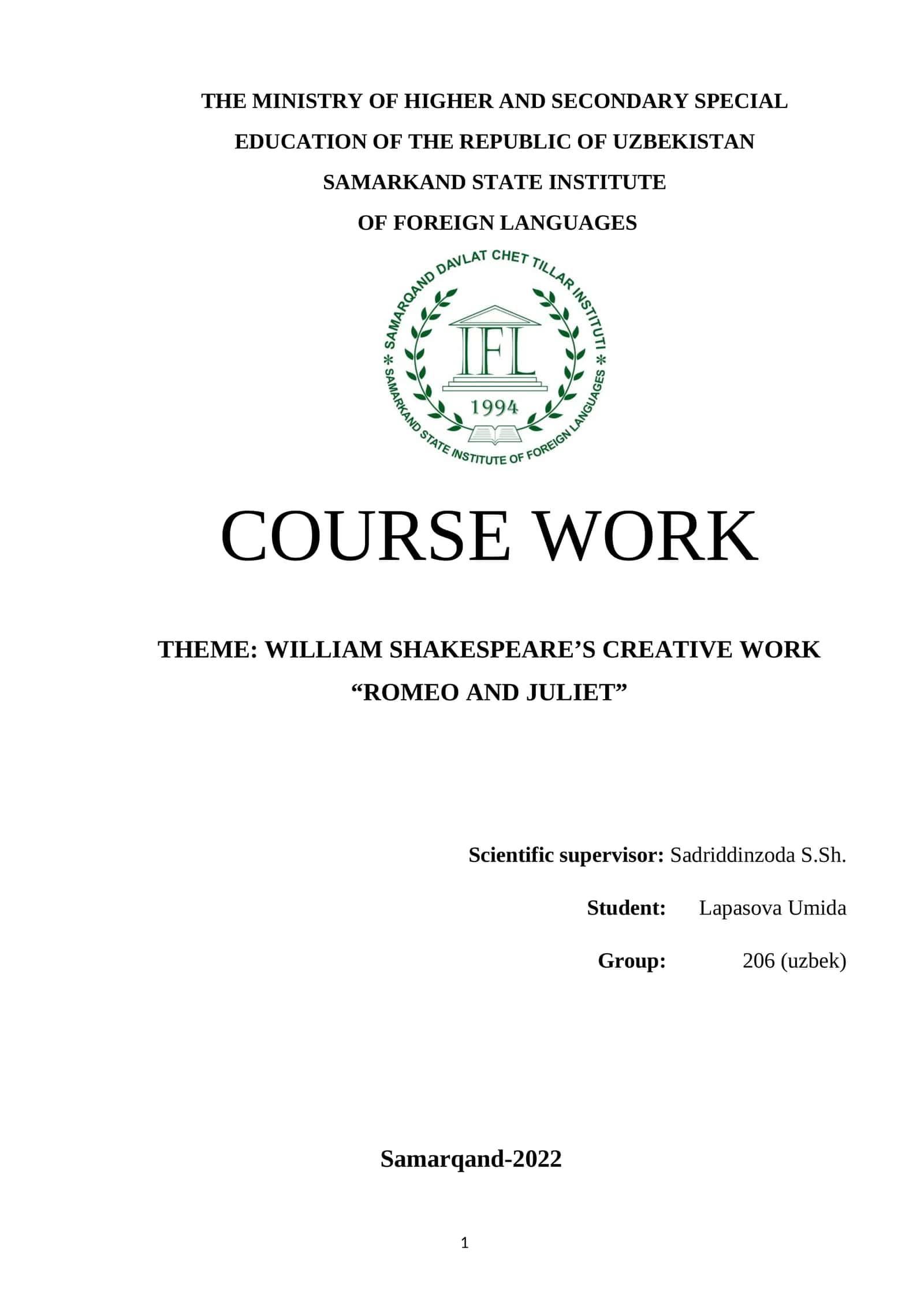 WILLIAM SHAKESPEARE’S CREATIVE WORK “ROMEO AND JULIET”