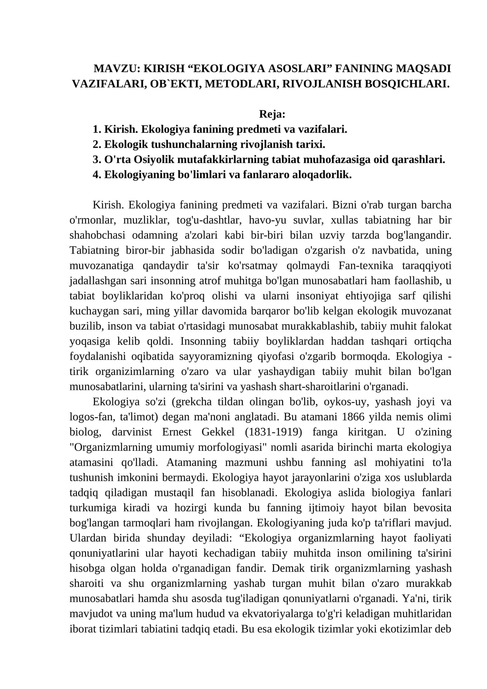 EKOLOGIYA ASOSLARI
