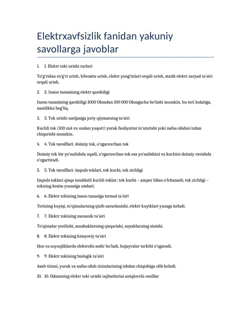 Elektrxavfsizlik fanidan yakuniy savollarga javoblar
