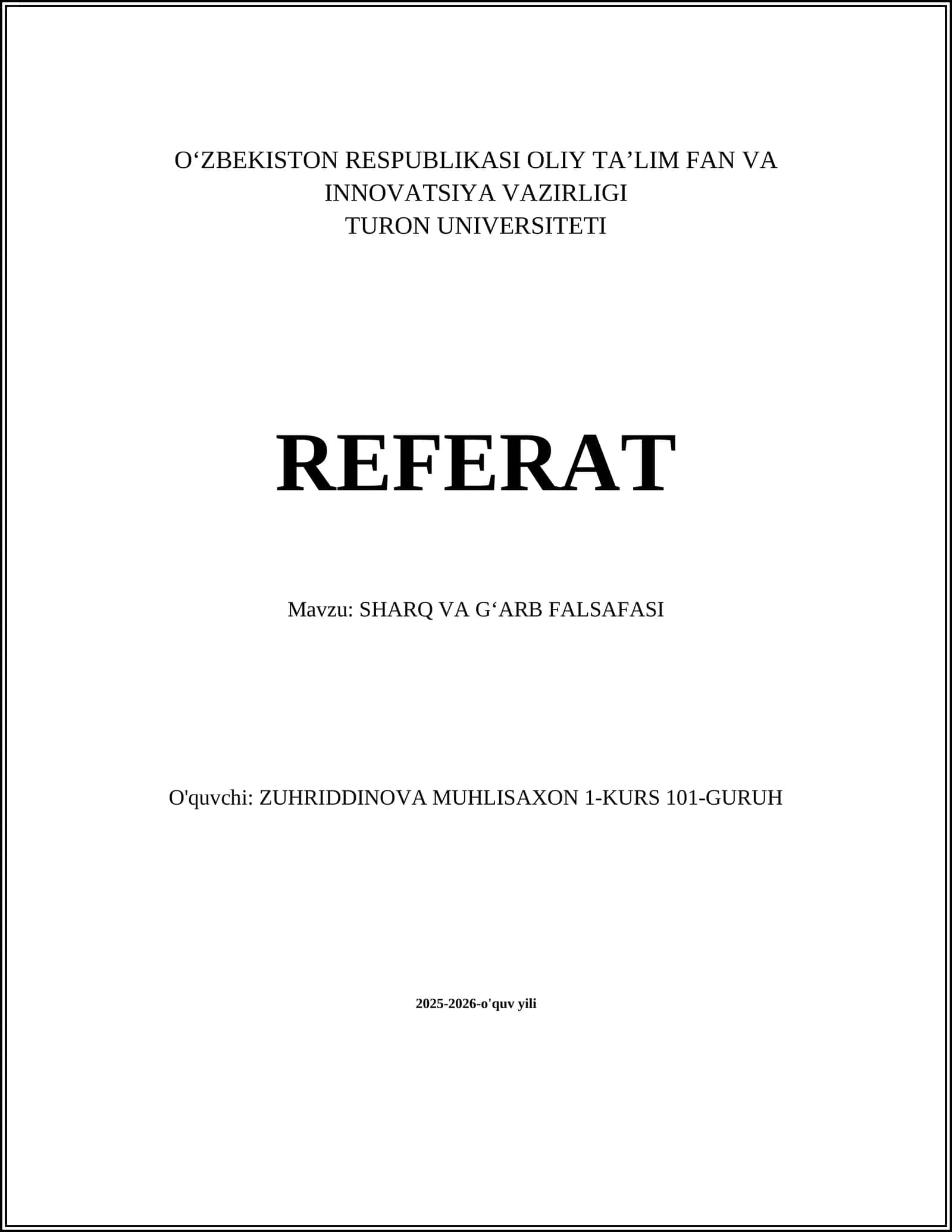 SHARQ VA GʻARB FALSAFASI