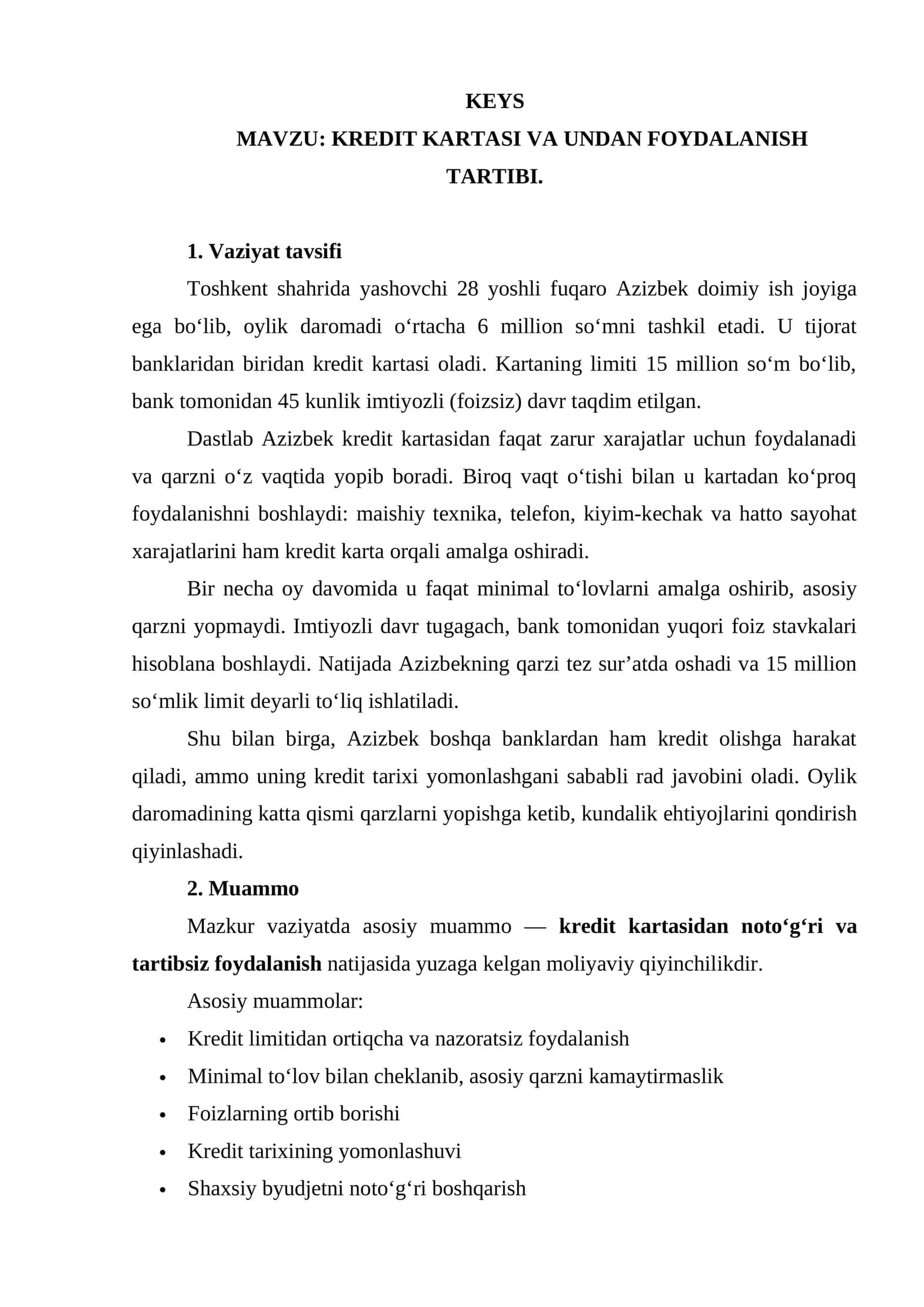 KREDIT KARTASI VA UNDAN FOYDALANISH TARTIBI.