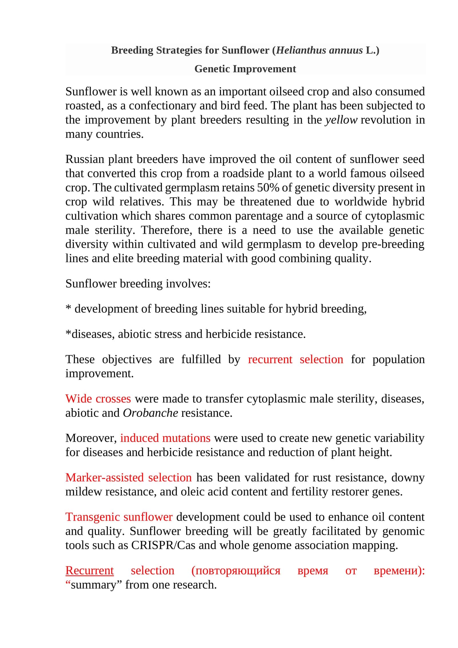 Breeding Strategies for Sunflower (Helianthus annuusL.)