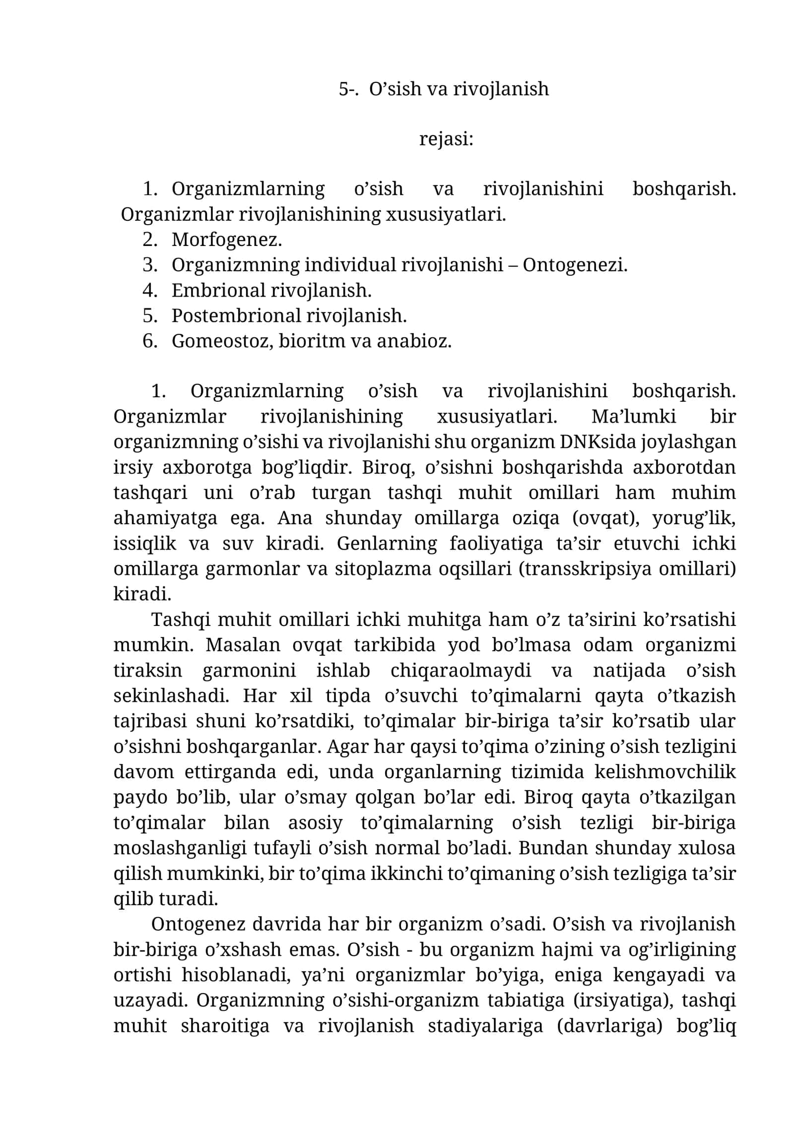 O’sish va rivojlanish rejasi